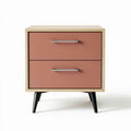 Two drawer nightstand in pink and wood finish with black legs 40 x 40 x 45cm