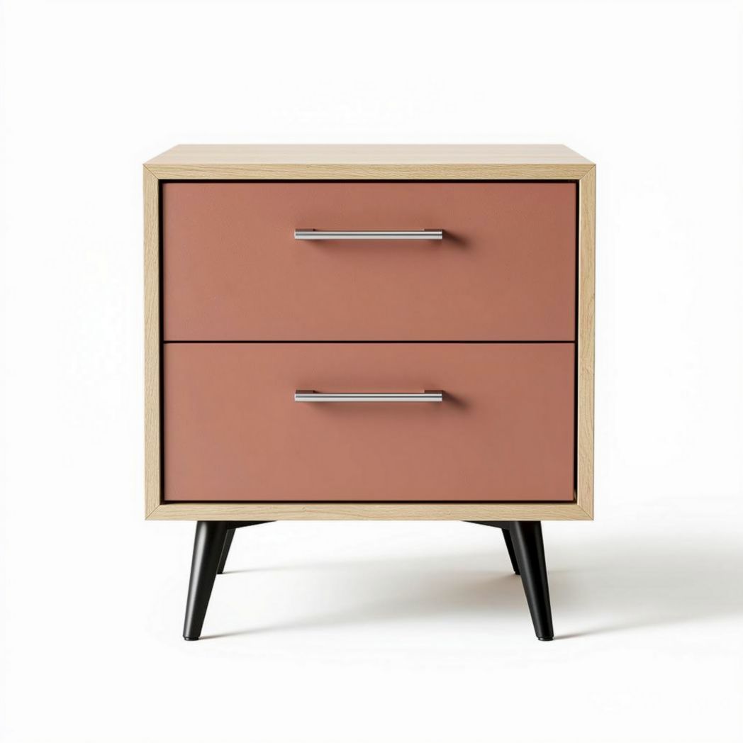 Two drawer nightstand in pink and wood finish with black legs 40 x 40 x 45cm