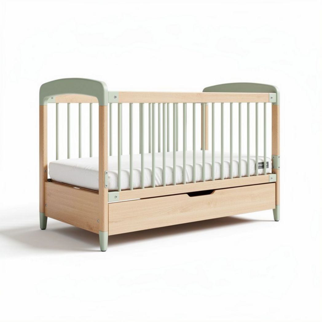 Wooden crib with storage drawer and safety rails in natural green 120 x 60 x 80cm