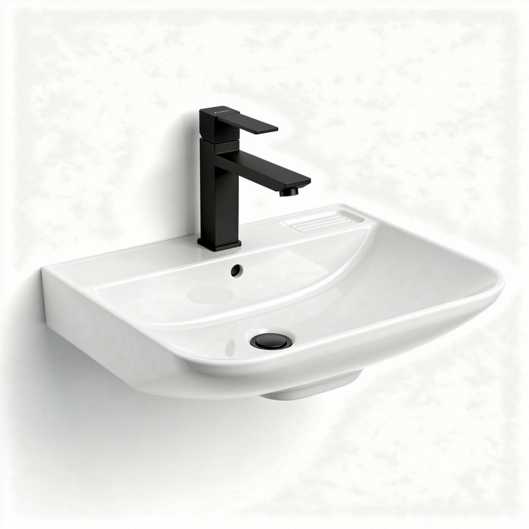 Wall-mounted ceramic sink with black faucet 60 x 40 x 15cm
