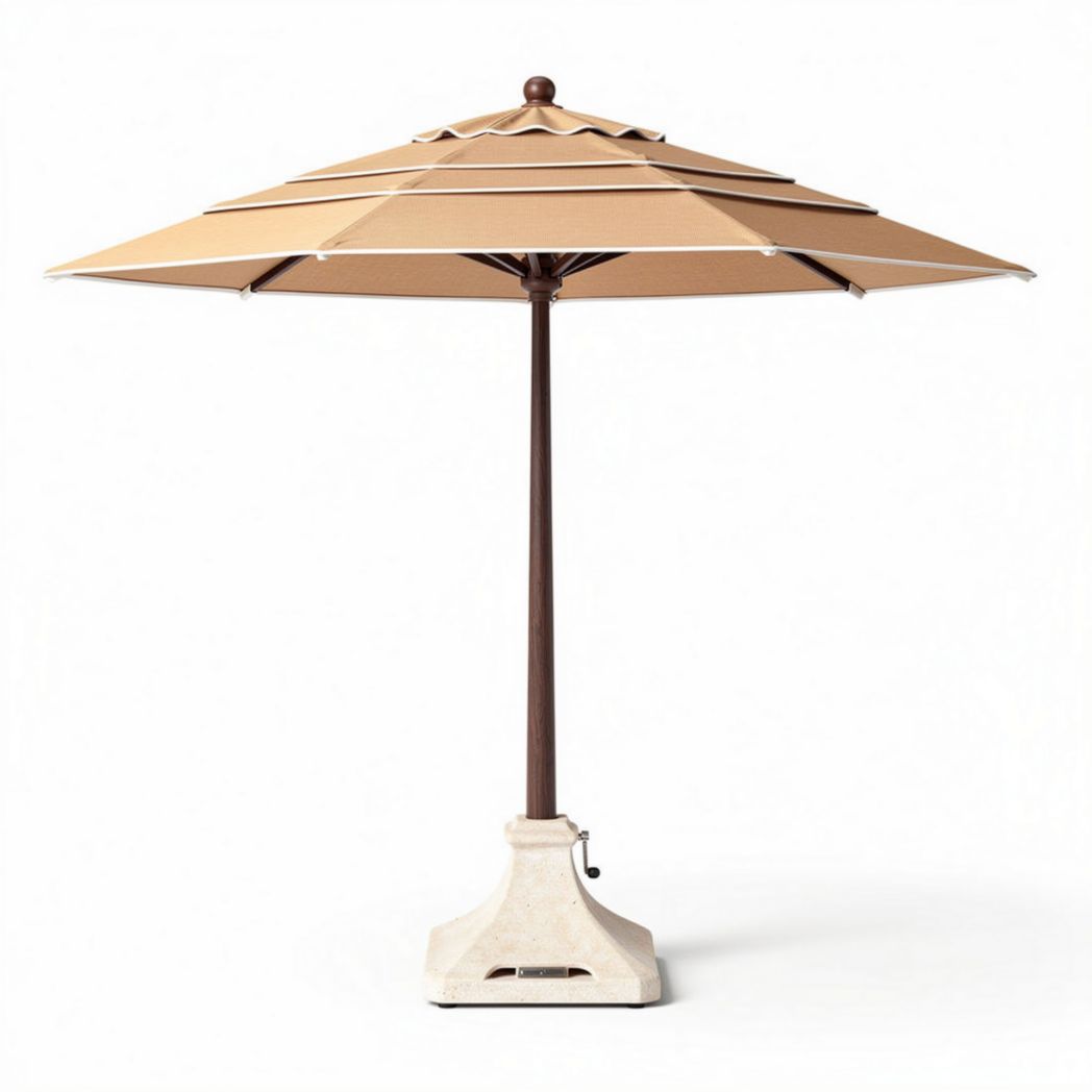 Outdoor patio umbrella with beige canopy and sturdy concrete base 250 x 250 x 250cm