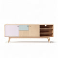 Wooden media console with multicolor doors and open shelves 150 x 40 x 50cm