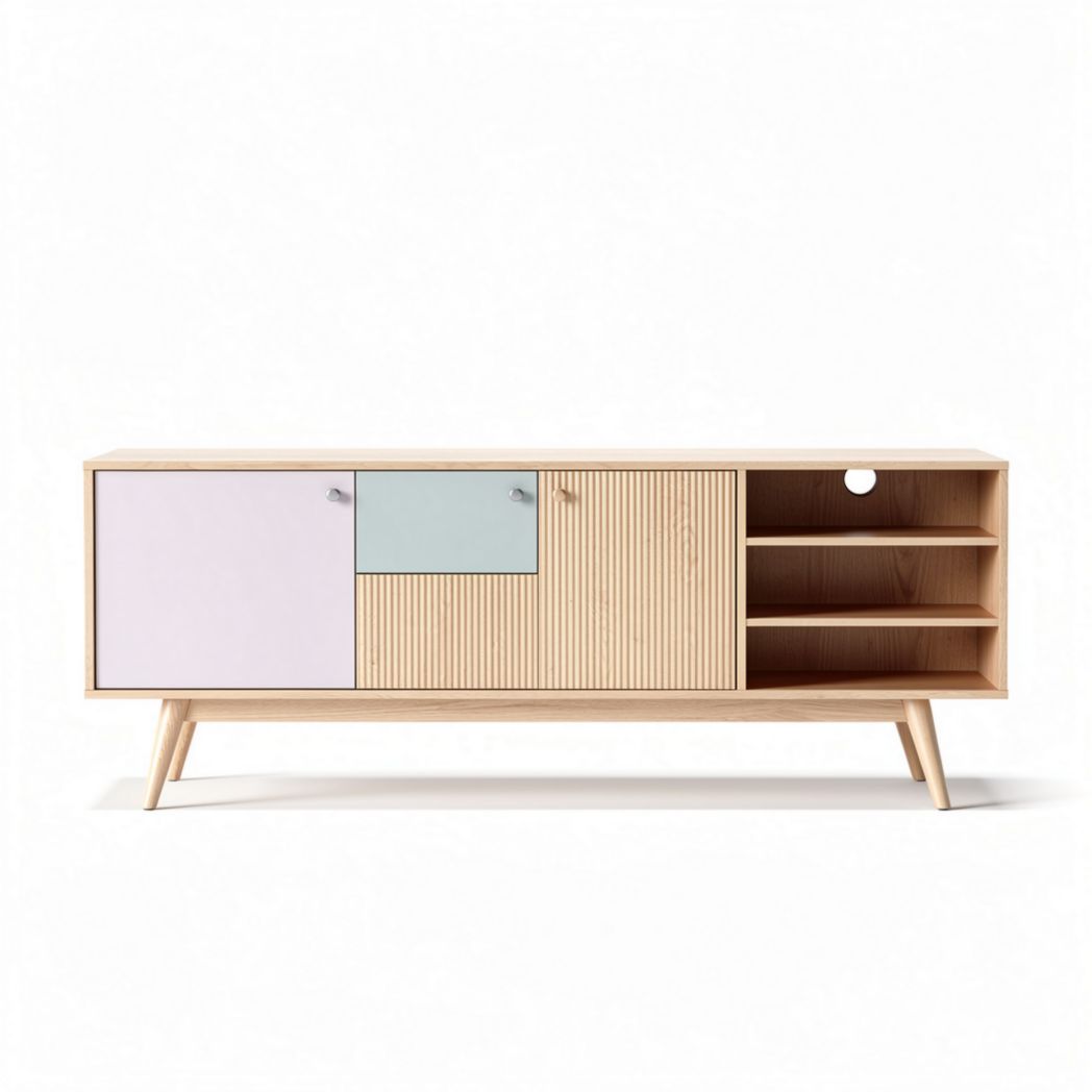 Wooden media console with multicolor doors and open shelves 150 x 40 x 50cm