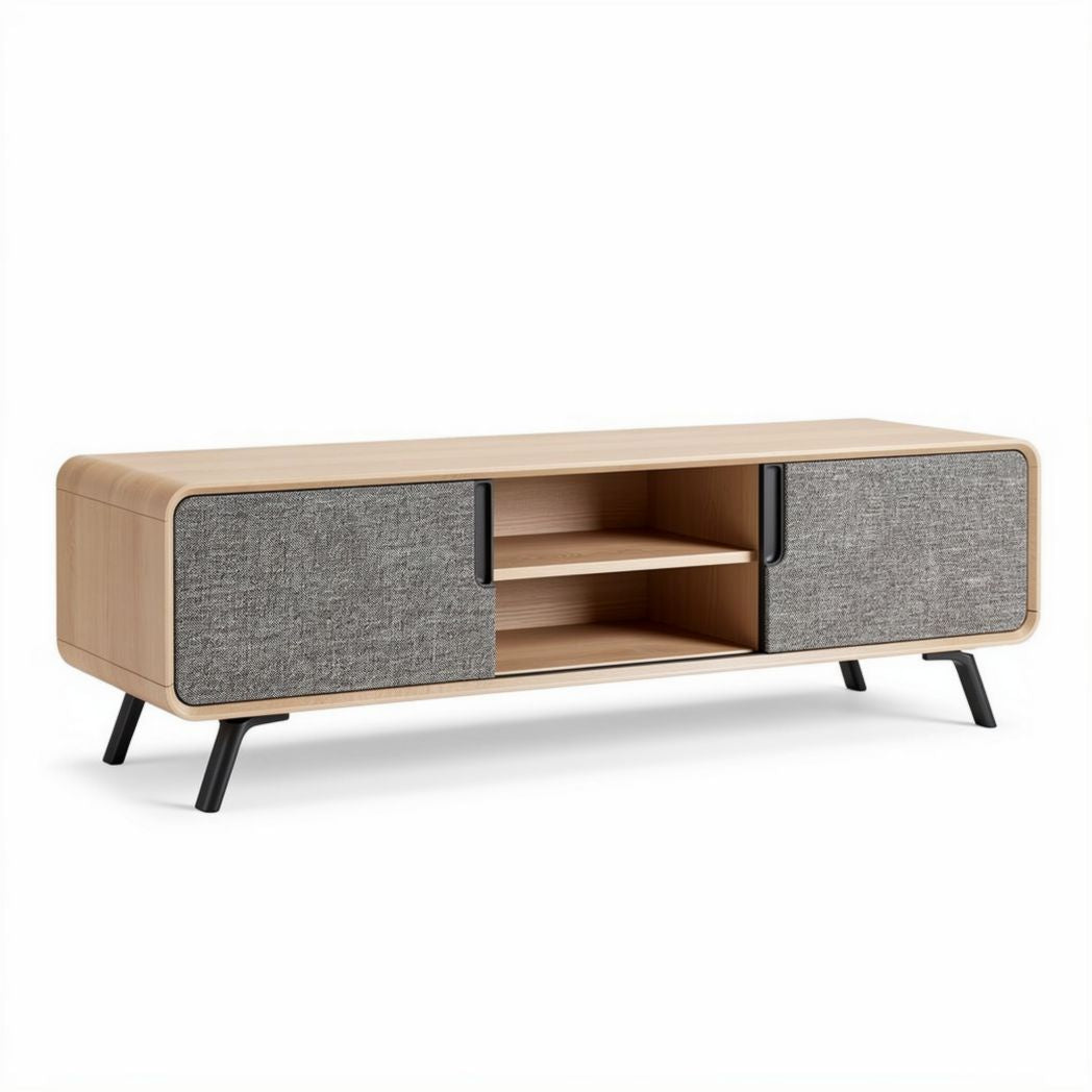 Wooden media console with fabric-covered doors 150 x 40 x 50cm