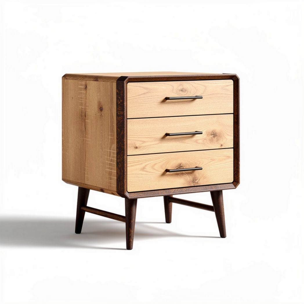 Wooden bedside table with three drawers and tapered legs 50 x 40 x 45cm